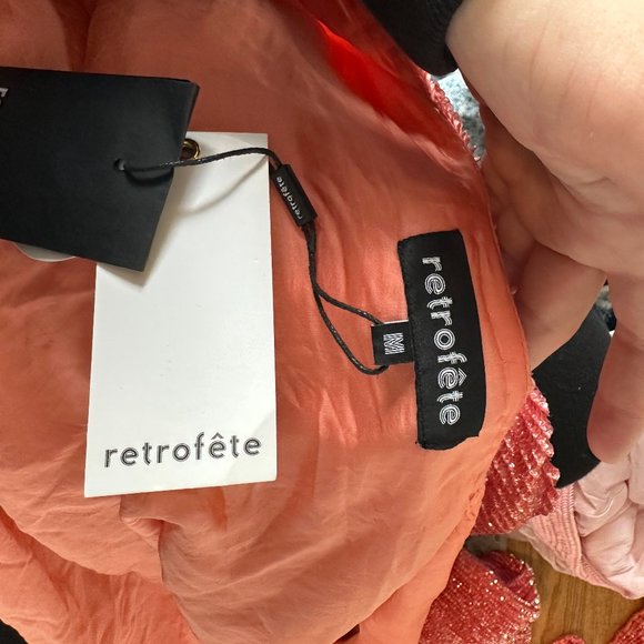 Retrofete Gabrielle Sequin Robe Wrap Mini Dress Sz M Burnt Orange Blouson Sleeve - Picture 3 of 15